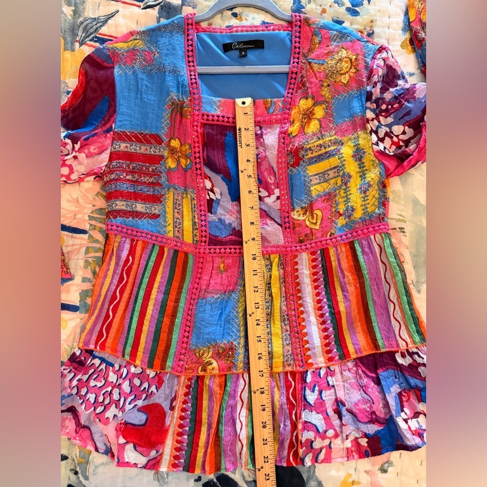 CALESSA S Fiesta Patchwork Print Boho Square-Neck 3/4 Bell Cuff Sleeve Blouse - Picture 13 of 13